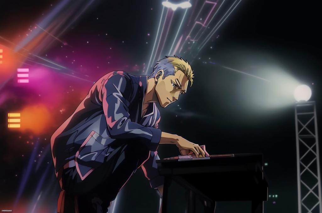 Anime-style illustration of a musician playing a keyboard on stage anime filter