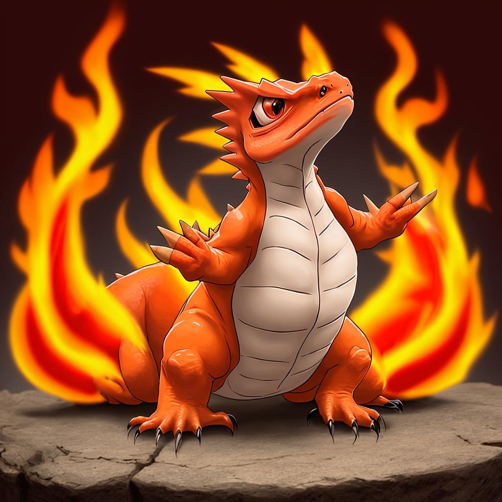Orange fire lizard Pokémon, white belly, sharp claws, surrounded by dynamic flames, dark background,
