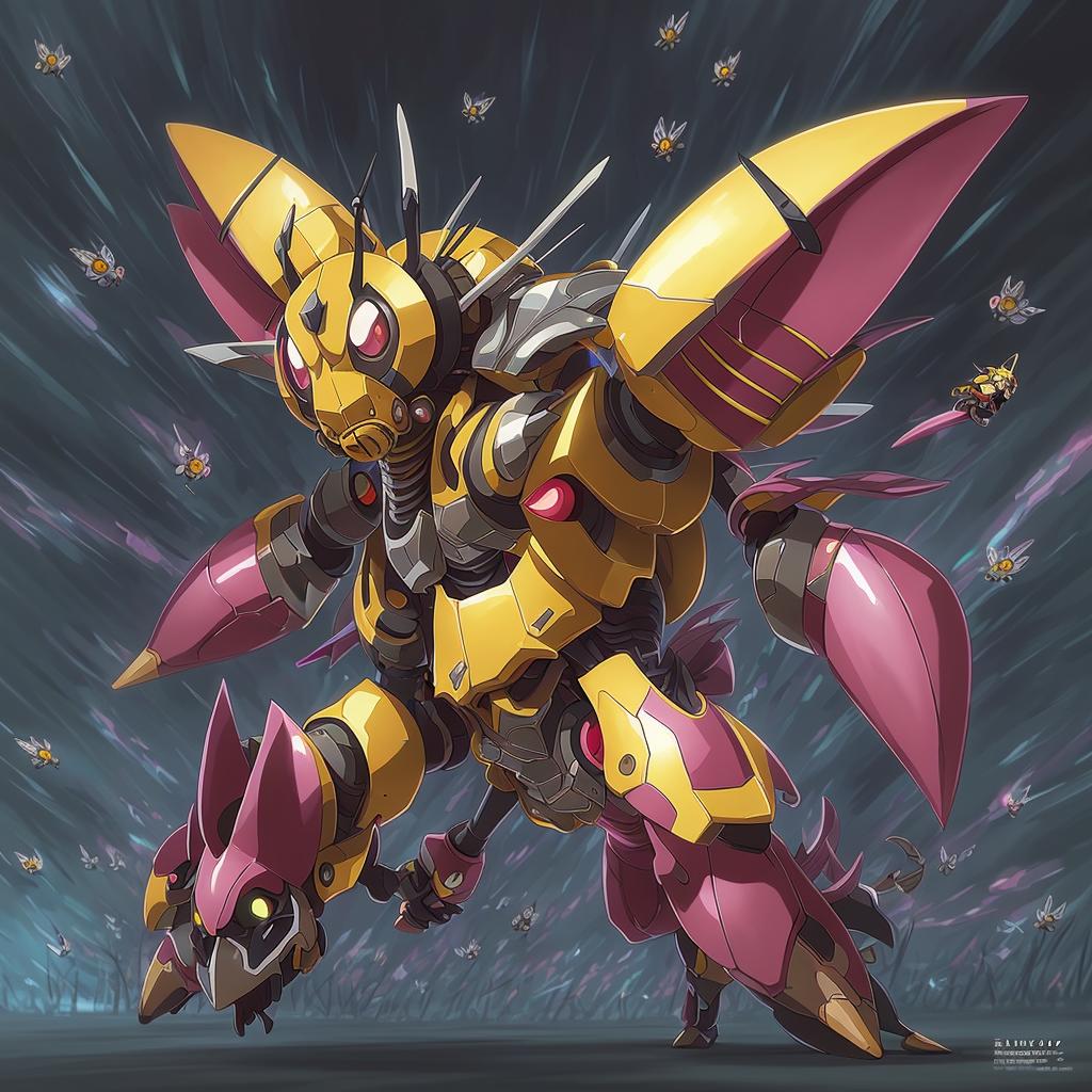 Mechanical wasp-inspired Pokémon with yellow and pink armor, glowing red eyes, sharp stinger limbs, and a swarm of drone-like wasps in a dark, stormy sky. Futuristic, dynamic, and detailed