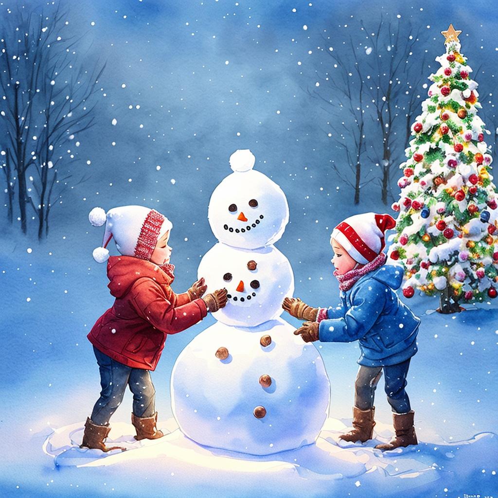 children in winter coats building a snowman
