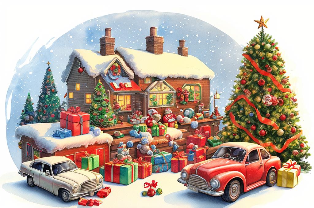 Watercolor style cozy Christmas scene