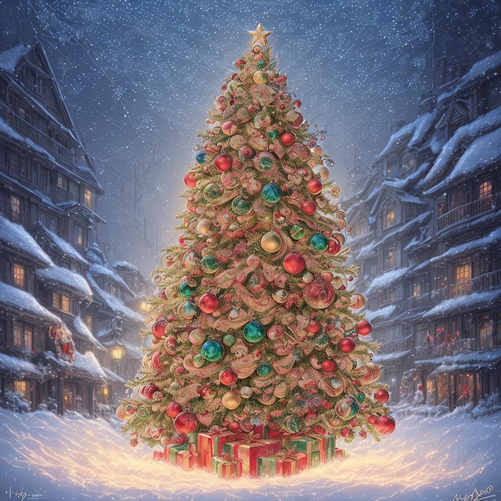Luxurious Christmas tree in snowy village