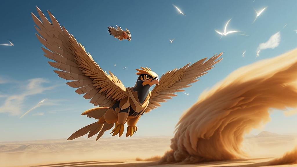 Flying Pokémon inspired by a sandstorm that takes the shape of a giant falcon.