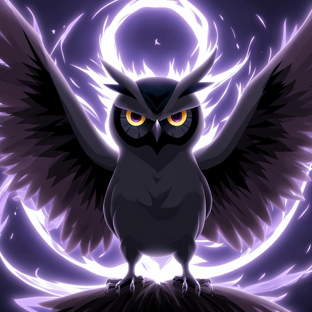 psychic/dark-type Pokémon resembling a mysterious owl with shadowy feathers and glowing eyes.
