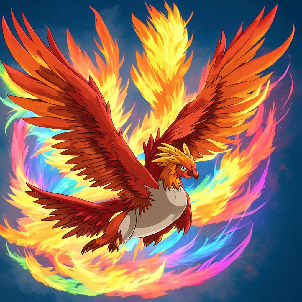 flying type Pokémon, a fiery phoenix with rainbow feathers.