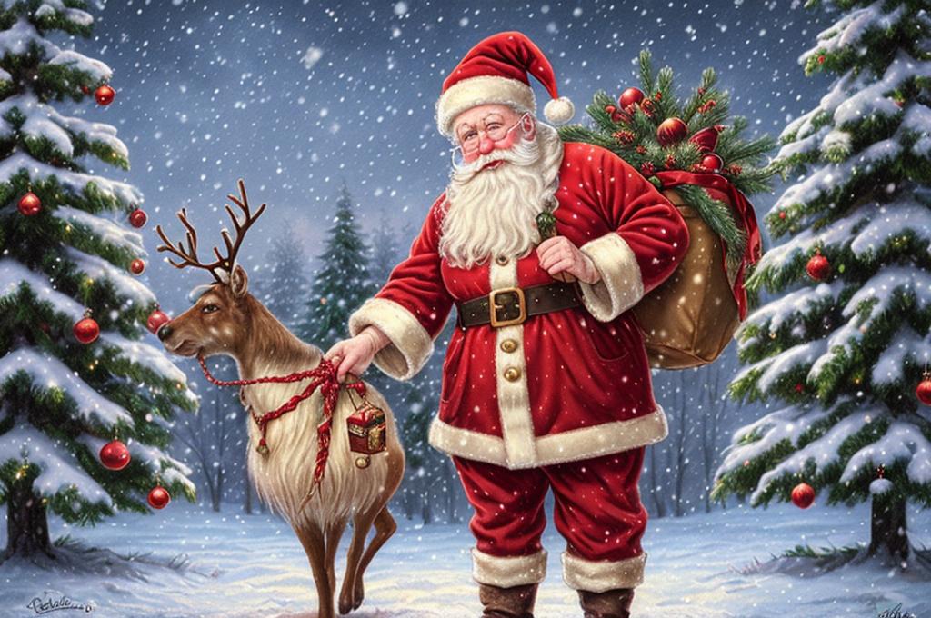 Classic Santa Claus with reindeer in snowy forest