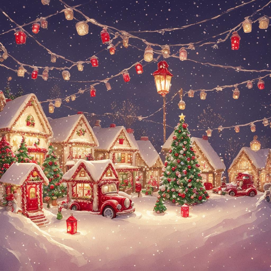 Whimsical Christmas village with decorated trees